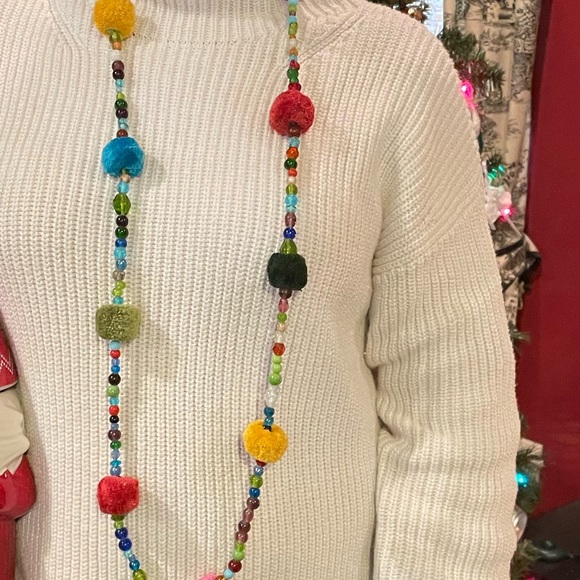 Pom Pom yarn & Bead Necklace, Multi Color, Bohemian, Festival, Art to wear - Picture 5 of 7